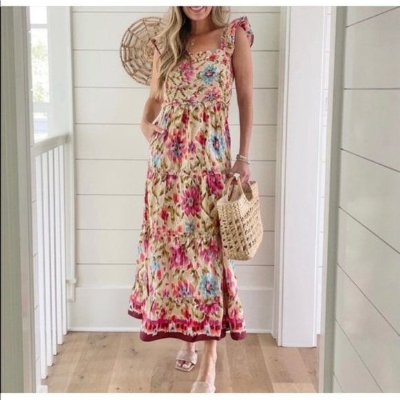 NWT HOUSE OF HARLOW 1960 Zoey Khaki Ruched Flutter Smocked Maxi Dress size M - Picture 1 of 6